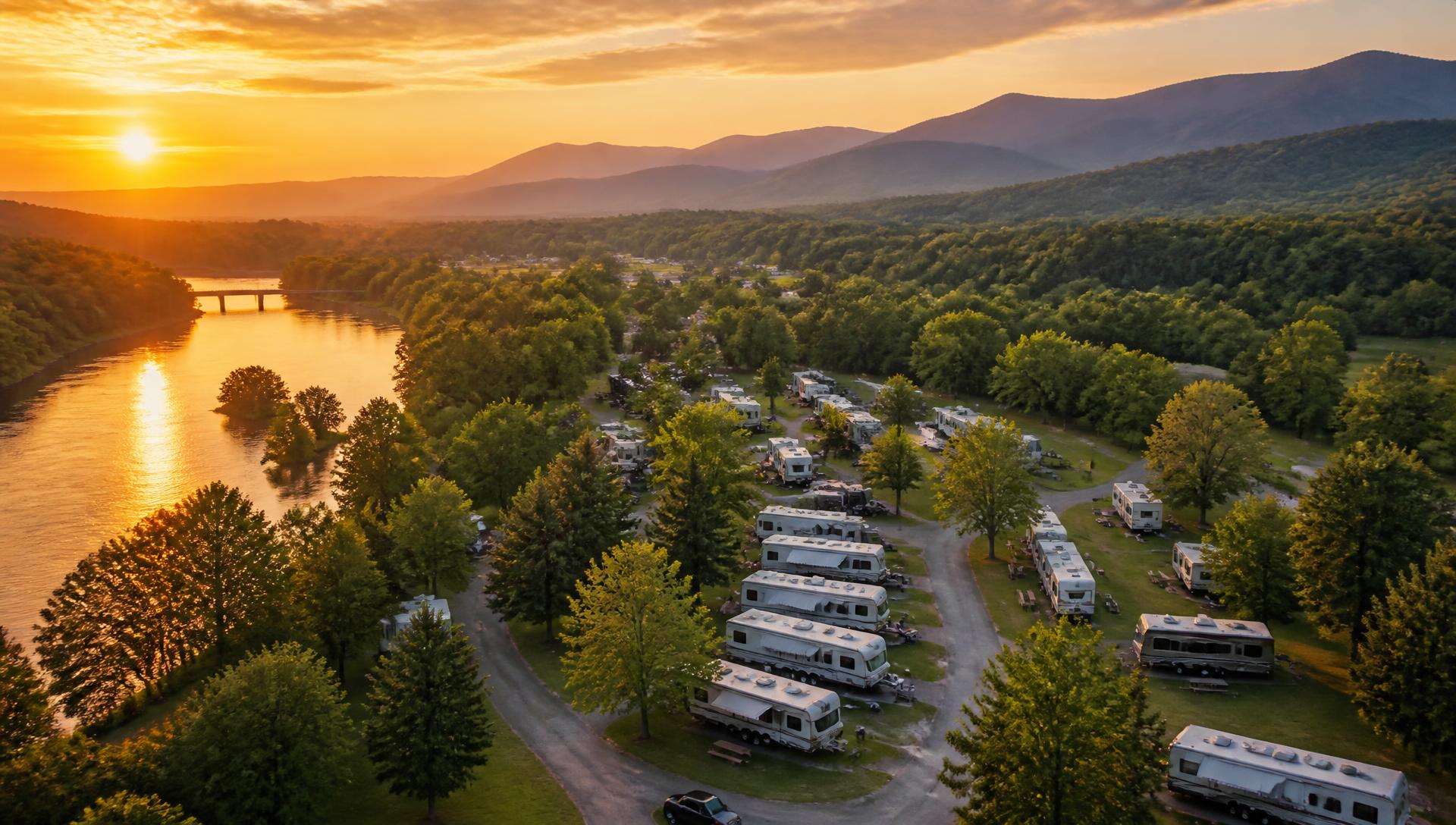 Aerial view of a Virginia RV park along a river at sunset with the Blue Ridge mountains behind it